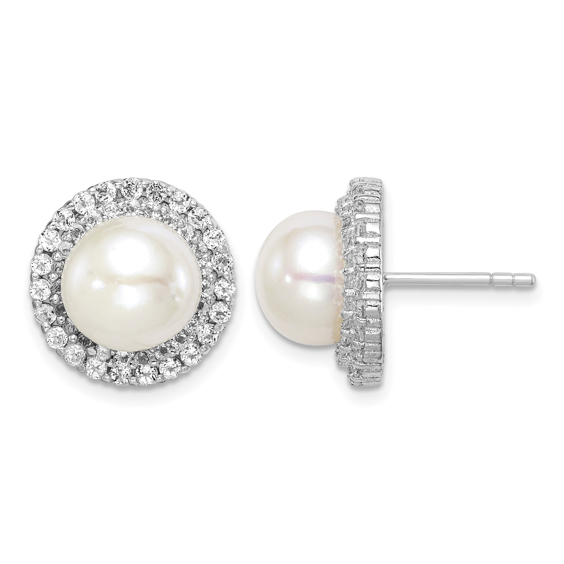Sterling Silver Rhodium-plated 8-9mm White Button Freshwater Cultured Pearl and CZ Post Earrings