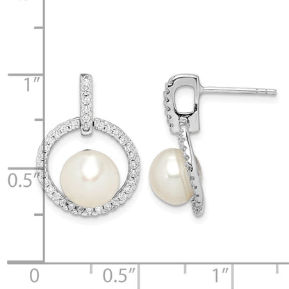 Sterling Silver Rhodium-plated 8-9mm White Button Freshwater Cultured Pearl and CZ Post Dangle Earrings