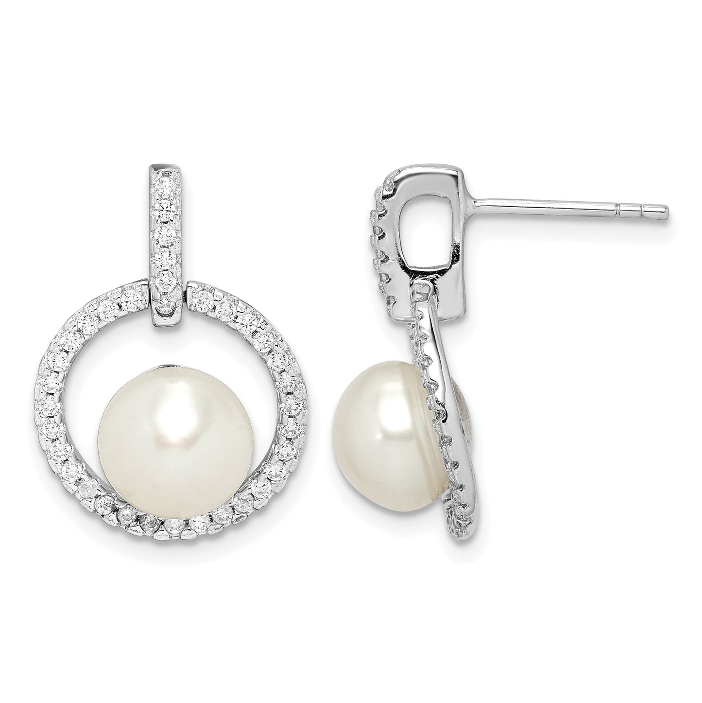 Sterling Silver Rhodium-plated 8-9mm White Button Freshwater Cultured Pearl and CZ Post Dangle Earrings