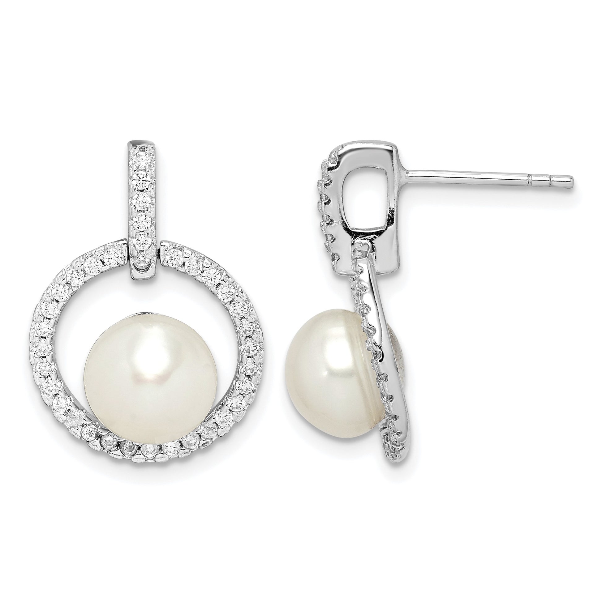 Sterling Silver Rhodium-plated 8-9mm White Button Freshwater Cultured Pearl and CZ Post Dangle Earrings