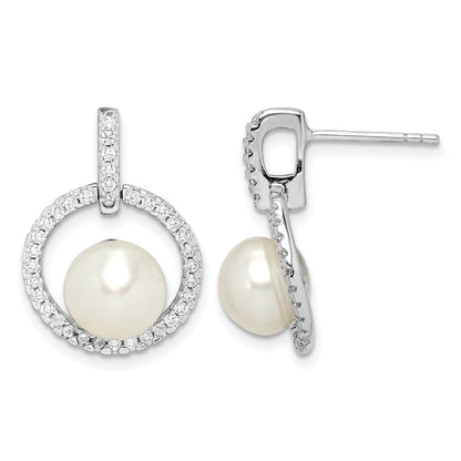 Sterling Silver Rhodium-plated 8-9mm White Button Freshwater Cultured Pearl and CZ Post Dangle Earrings