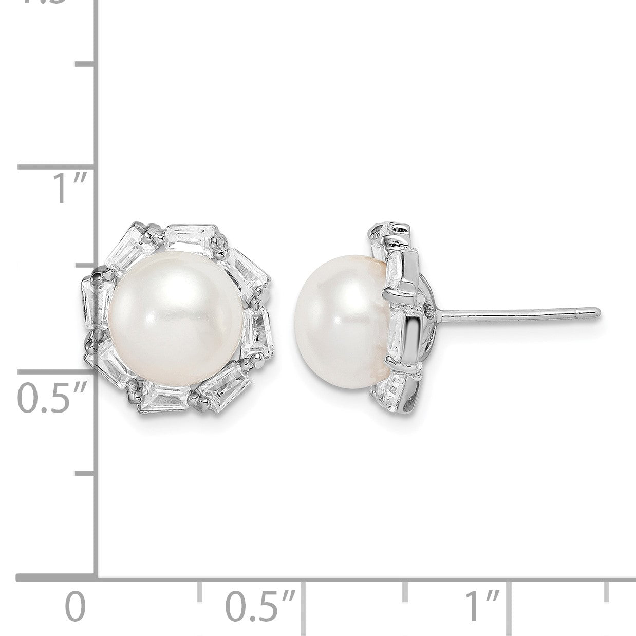 Sterling Silver Rhodium-plated 8-9mm White Button Freshwater Cultured Pearl and CZ Post Earrings