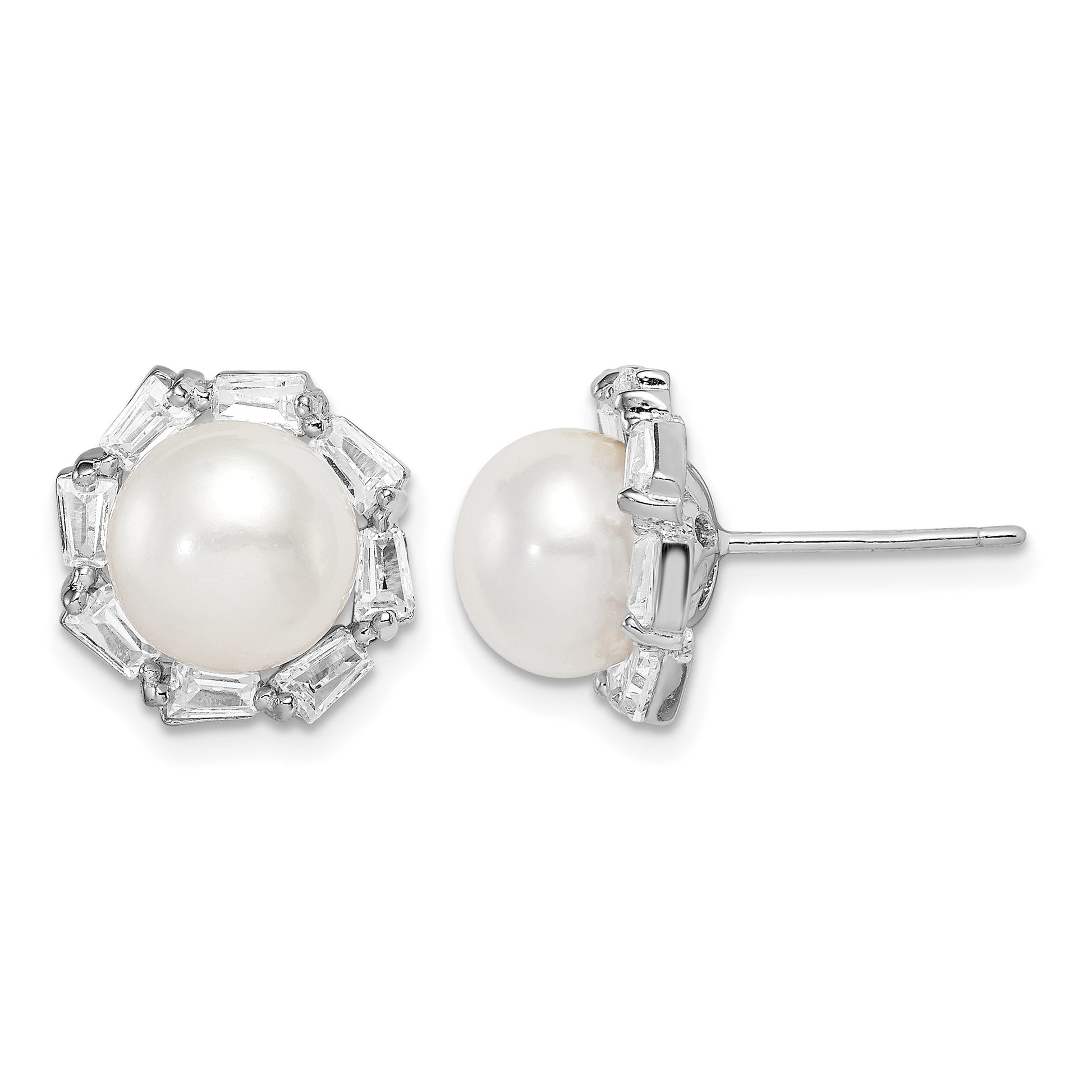 Sterling Silver Rhodium-plated 8-9mm White Button Freshwater Cultured Pearl and CZ Post Earrings