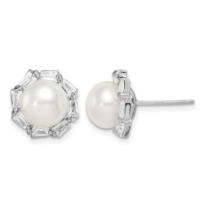 Sterling Silver Rhodium-plated 8-9mm White Button Freshwater Cultured Pearl and CZ Post Earrings