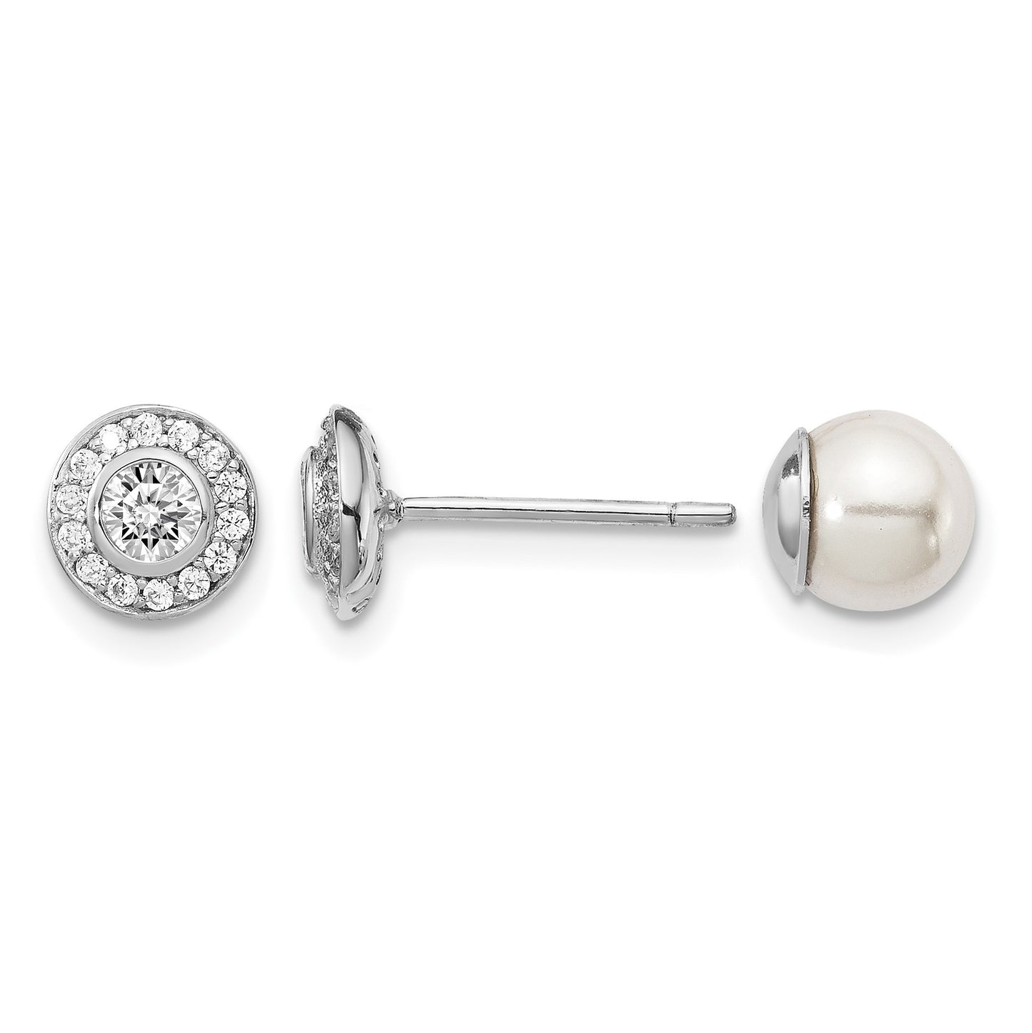 Sterling Silver Rhodium-plated Polished White 5-6mm Mother of Pearl & CZ Halo Reversible Post Earrings