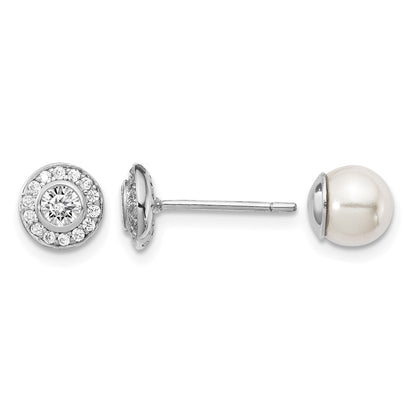 Sterling Silver Rhodium-plated Polished White 5-6mm Mother of Pearl & CZ Halo Reversible Post Earrings