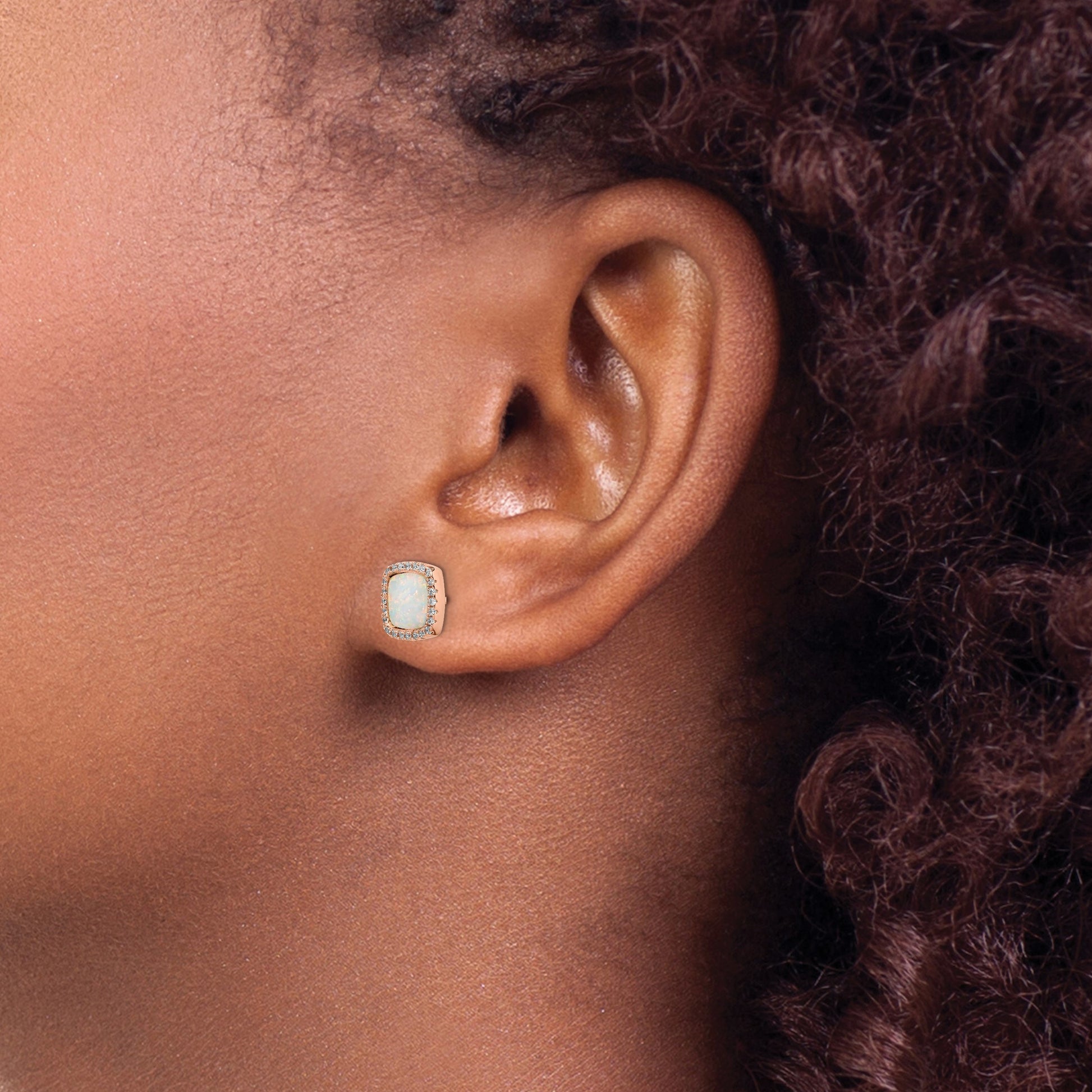 Sterling Silver Rose-Tone Created Opal & CZ Square Halo Post Earrings