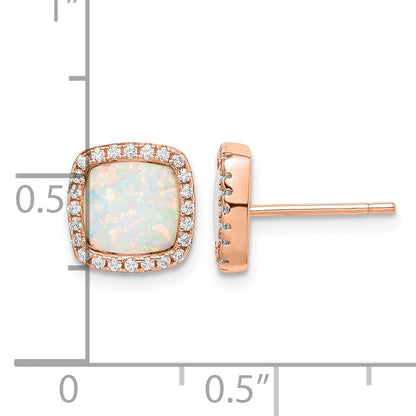 Sterling Silver Rose-Tone Created Opal & CZ Square Halo Post Earrings