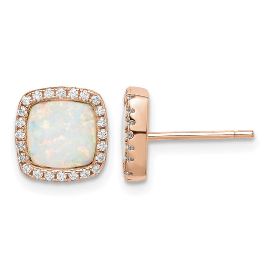 Sterling Silver Rose-Tone Created Opal & CZ Square Halo Post Earrings
