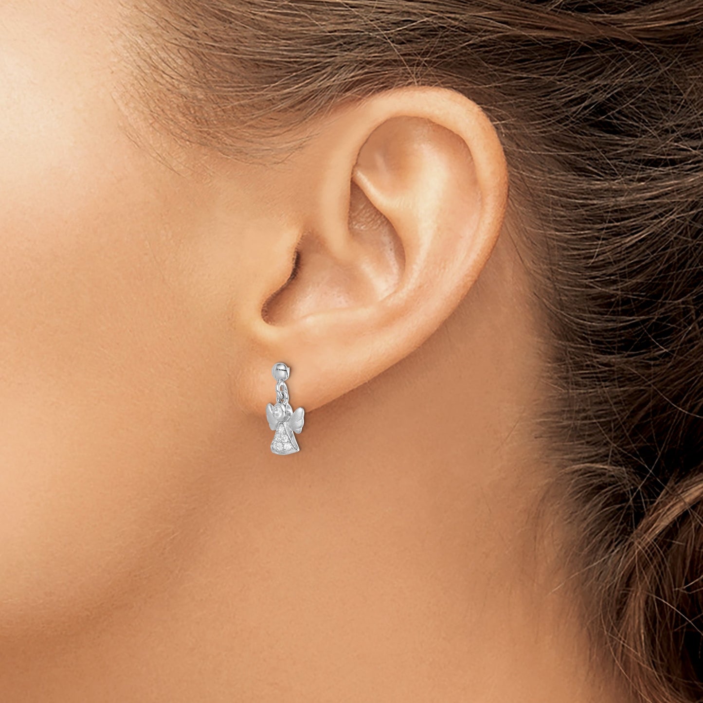 Sterling Silver RH-plated Polished/Satin CZ Angel Post Dangle Earrings