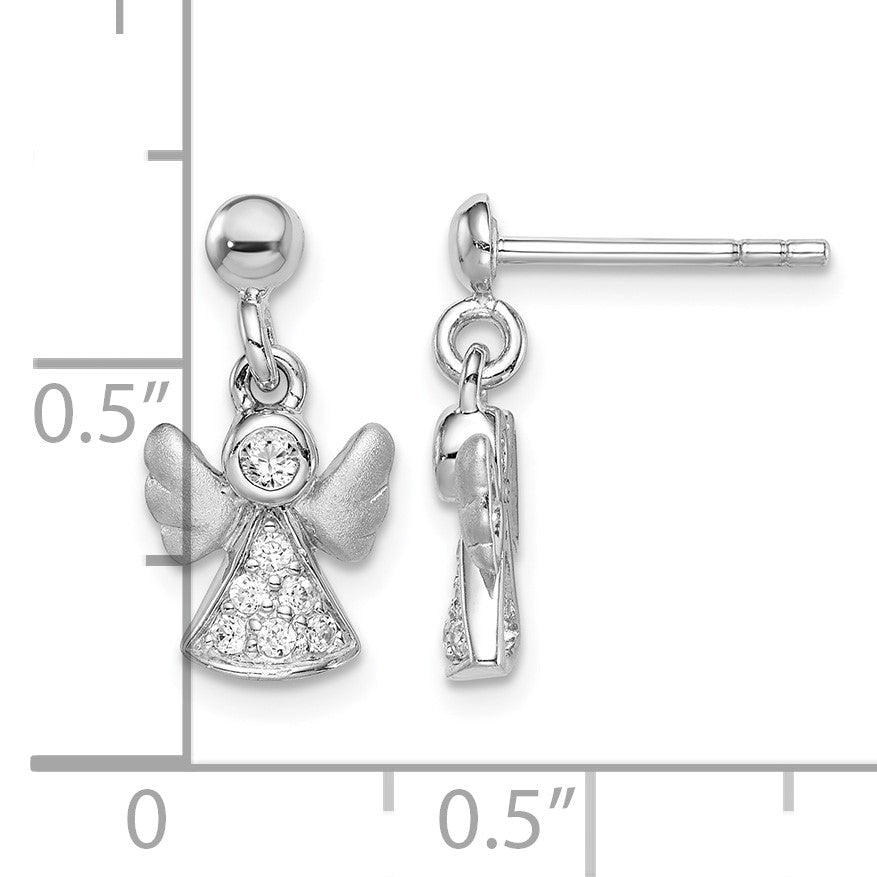 Sterling Silver RH-plated Polished/Satin CZ Angel Post Dangle Earrings
