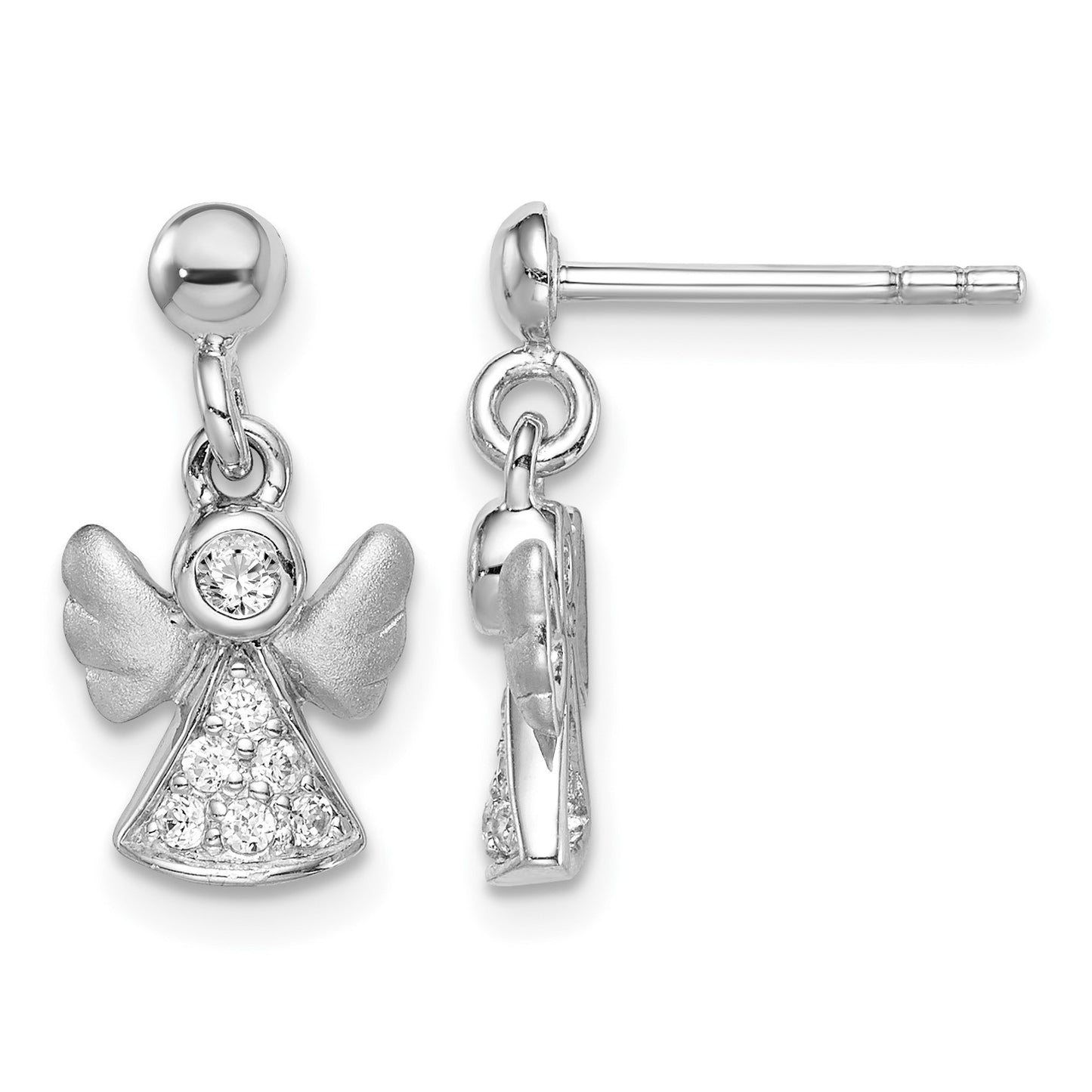 Sterling Silver RH-plated Polished/Satin CZ Angel Post Dangle Earrings