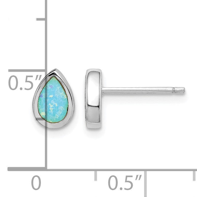 Sterling Silver RH-pltd Polished Blue Created Opal Teardrop Stud Earrings