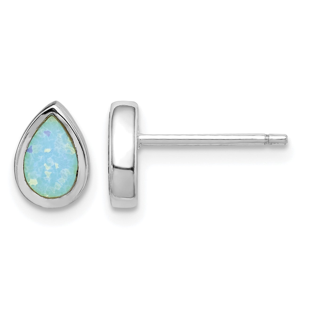 Sterling Silver RH-pltd Polished Blue Created Opal Teardrop Stud Earrings