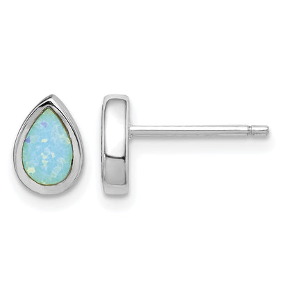 Sterling Silver RH-pltd Polished Blue Created Opal Teardrop Stud Earrings