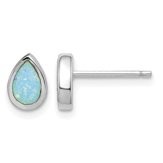 Sterling Silver RH-pltd Polished Blue Created Opal Teardrop Stud Earrings