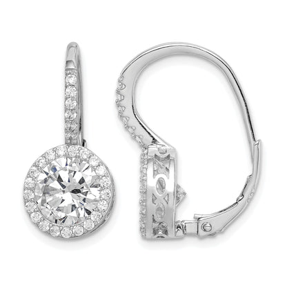 Sterling Silver Rhodium-plated Polished Round CZ Halo Leverback Earrings