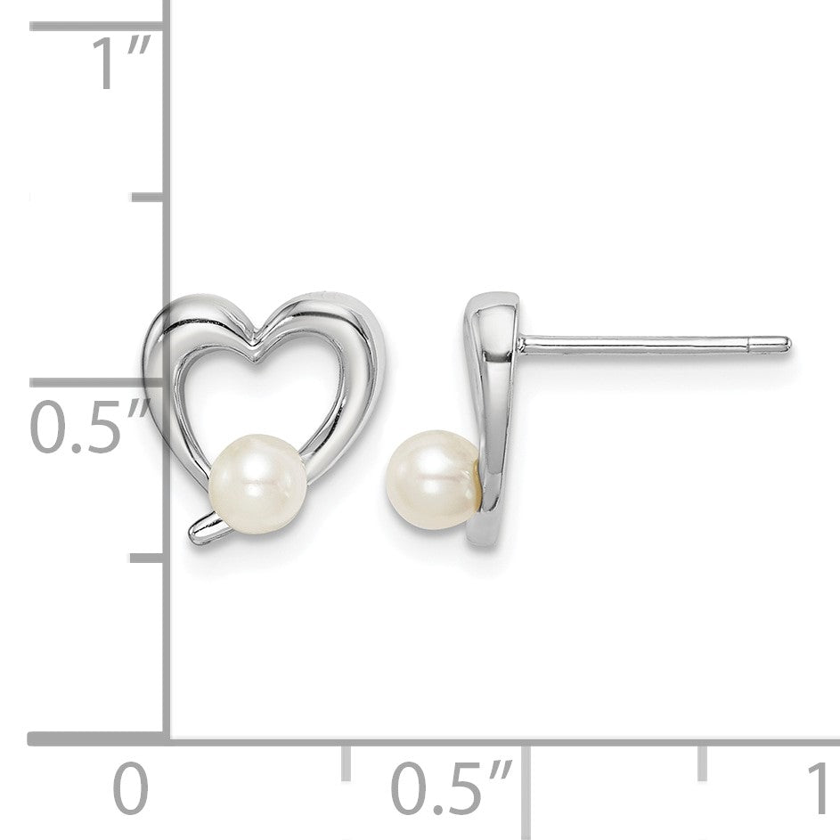 Sterling Silver Rhodium-plated 3-4mm White Round Freshwater Cultured Pearl Heart Post Earrings