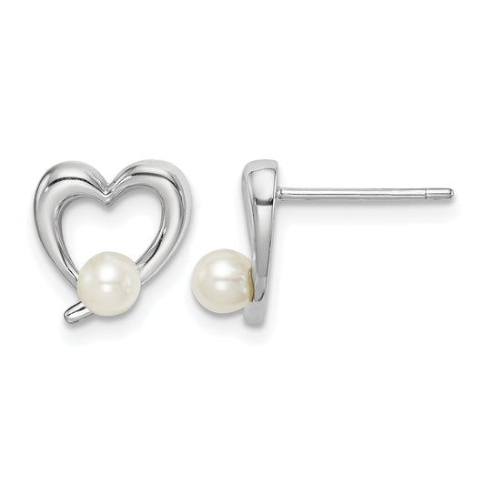Sterling Silver Rhodium-plated 3-4mm White Round Freshwater Cultured Pearl Heart Post Earrings