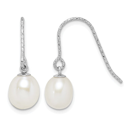 Sterling Silver Rhodium-plated Diamond-cut 6-7mm White Teardrop Freshwater Cultured Pearl Dangle Earrings