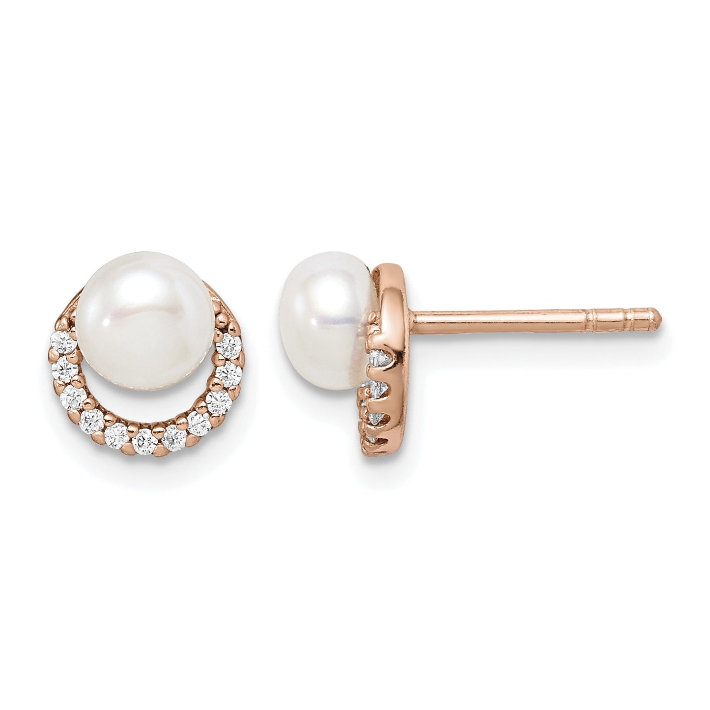 Sterling Silver Rose-tone w/ FW Cultured Pearl and CZ Earrings