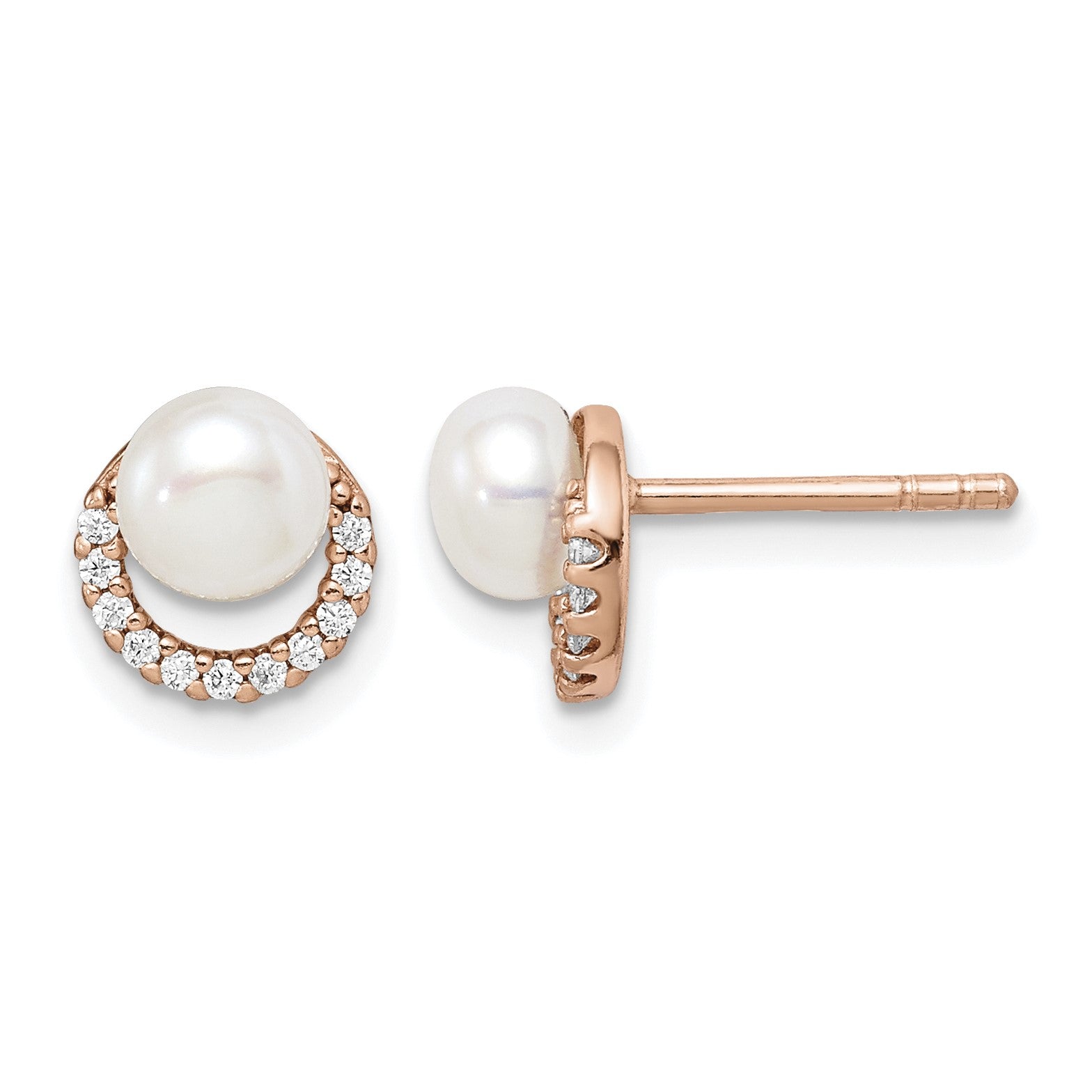 Sterling Silver Rose-tone w/ FW Cultured Pearl and CZ Earrings
