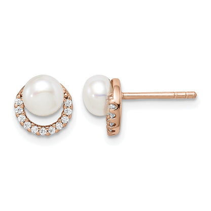 Sterling Silver Rose-tone w/ FW Cultured Pearl and CZ Earrings