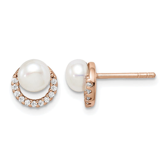 Sterling Silver Rose-tone w/ FW Cultured Pearl and CZ Earrings