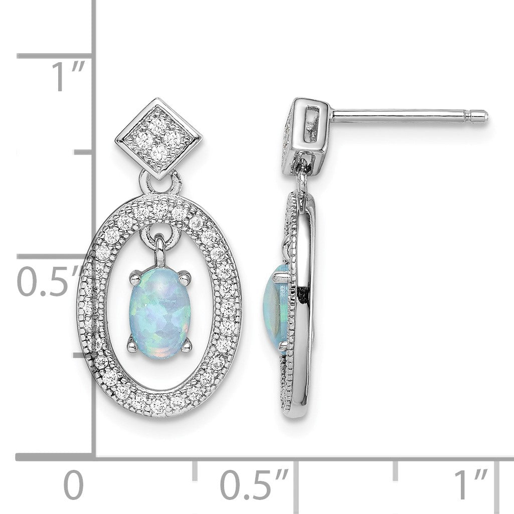 Sterling Silver Rhodium-plated Created Opal & CZ Post Dangle Earrings