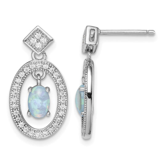 Sterling Silver Rhodium-plated Created Opal & CZ Post Dangle Earrings