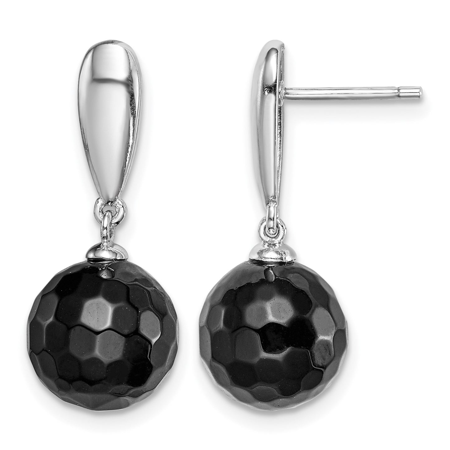 Sterling Silver Rhodium-plated Faceted 10mm Onyx Post Dangle Earrings