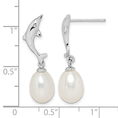 Sterling Silver Rhodium-plated 7-8mm White Rice Freshwater Cultured Pearl Dolphin Post Dangle Earrings