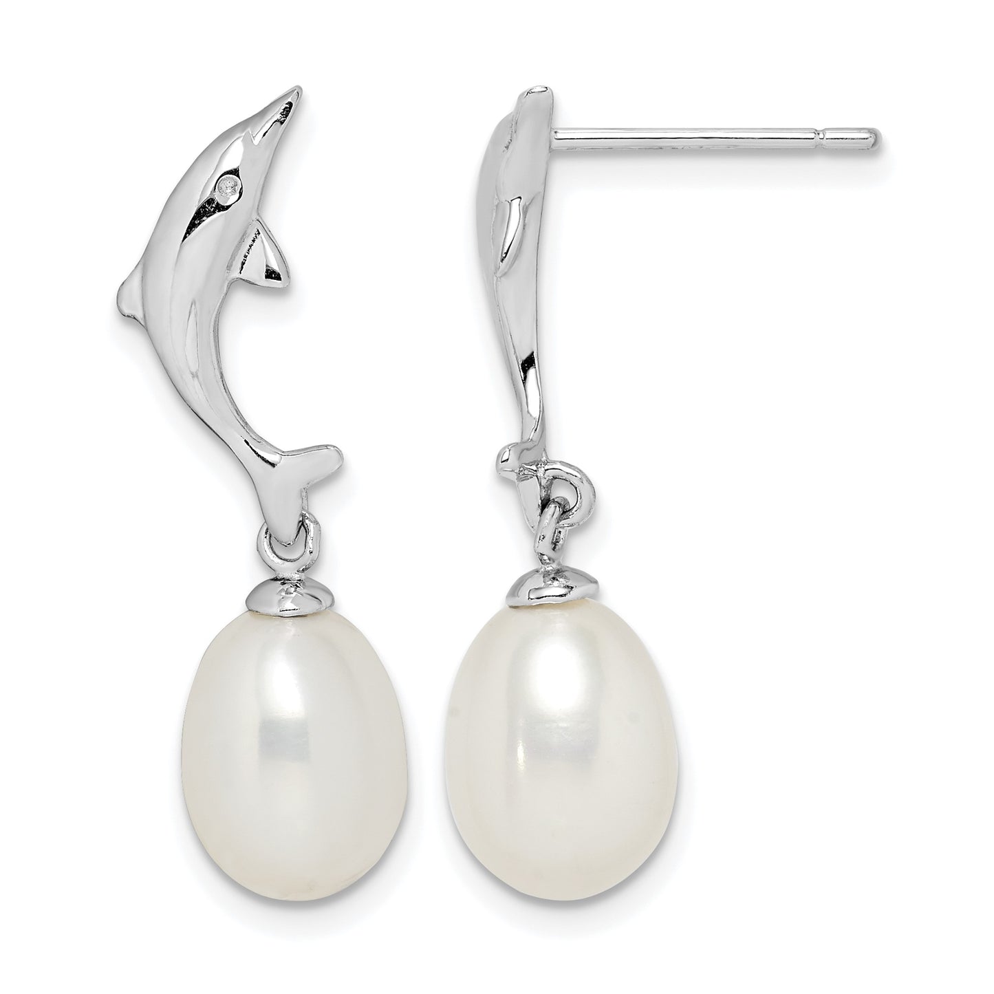 Sterling Silver Rhodium-plated 7-8mm White Rice Freshwater Cultured Pearl Dolphin Post Dangle Earrings