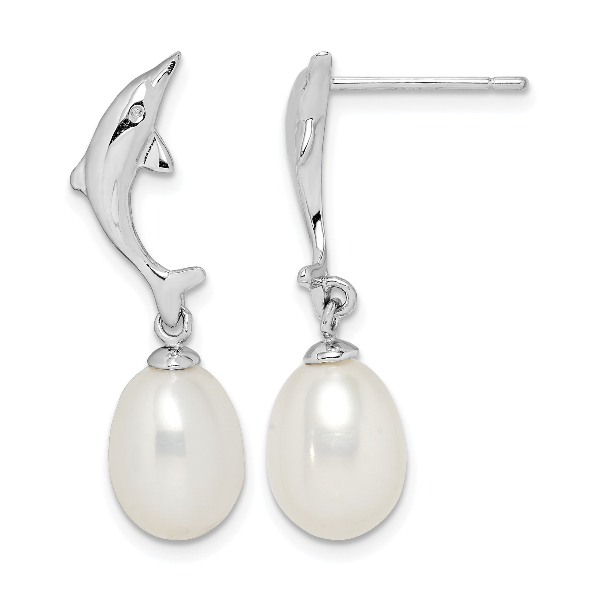 Sterling Silver Rhodium-plated 7-8mm White Rice Freshwater Cultured Pearl Dolphin Post Dangle Earrings