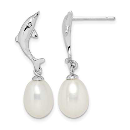 Sterling Silver Rhodium-plated 7-8mm White Rice Freshwater Cultured Pearl Dolphin Post Dangle Earrings