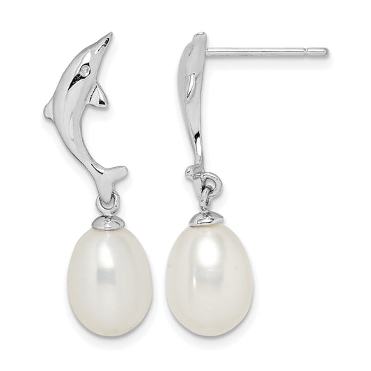 Sterling Silver Rhodium-plated 7-8mm White Rice Freshwater Cultured Pearl Dolphin Post Dangle Earrings