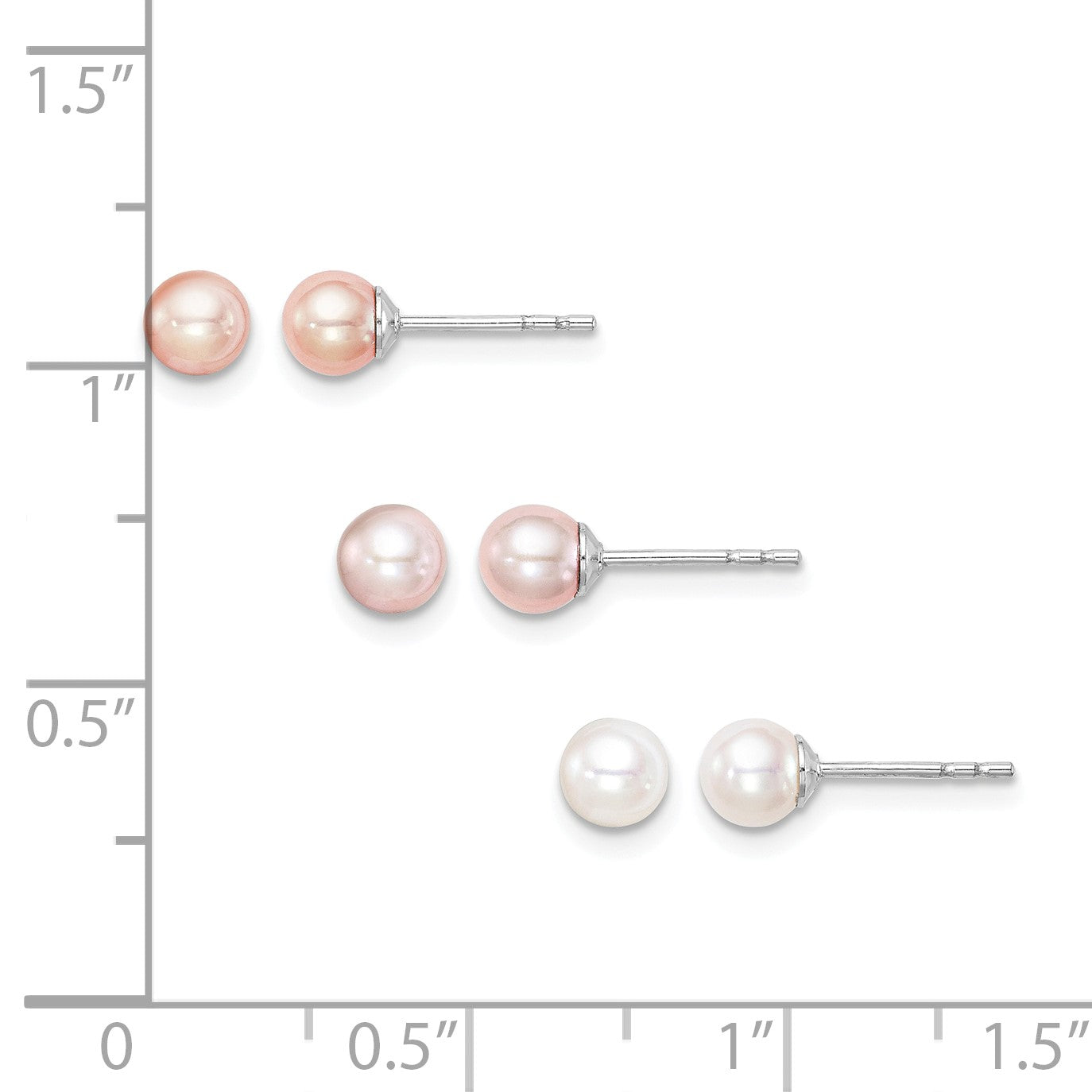 Sterling Silver Madi K Rhodium-plated 4-5mm White, Pink and Purple Round Freshwater Cultured Pearl Set of 3 Earrings
