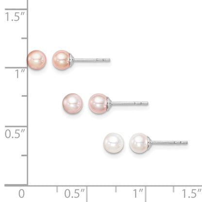 Sterling Silver Madi K Rhodium-plated 4-5mm White, Pink and Purple Round Freshwater Cultured Pearl Set of 3 Earrings