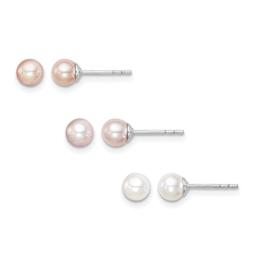 Sterling Silver Madi K Rhodium-plated 4-5mm White, Pink and Purple Round Freshwater Cultured Pearl Set of 3 Earrings