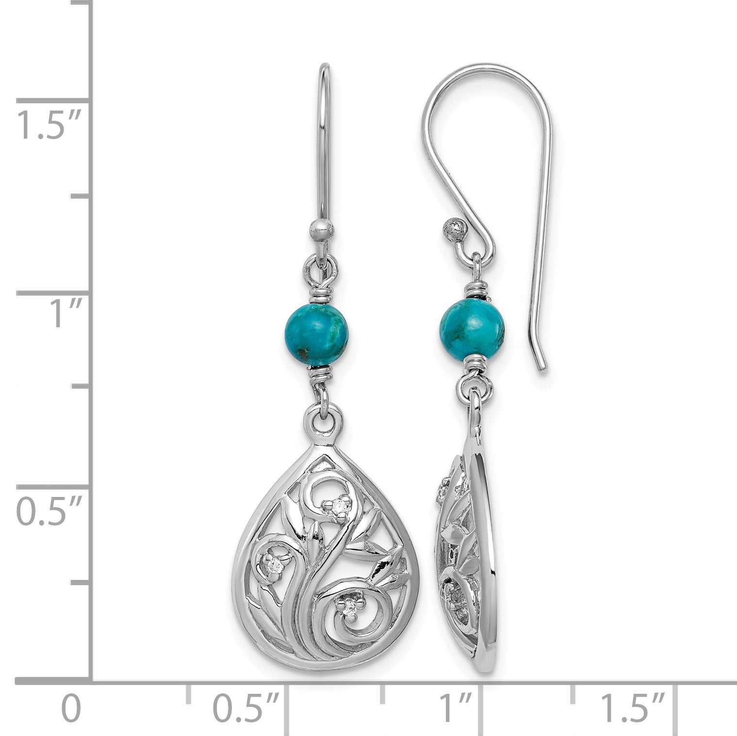 Sterling Silver Rhodium-plated Polished Filigree CZ & Reconstituted Turquoise Teardrop Dangle Earrings