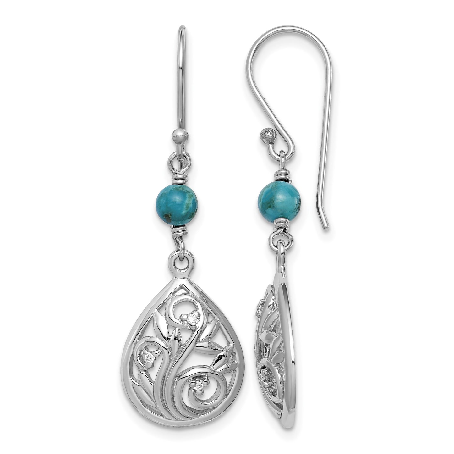 Sterling Silver Rhodium-plated Polished Filigree CZ & Reconstituted Turquoise Teardrop Dangle Earrings
