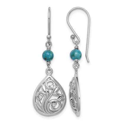 Sterling Silver Rhodium-plated Polished Filigree CZ & Reconstituted Turquoise Teardrop Dangle Earrings