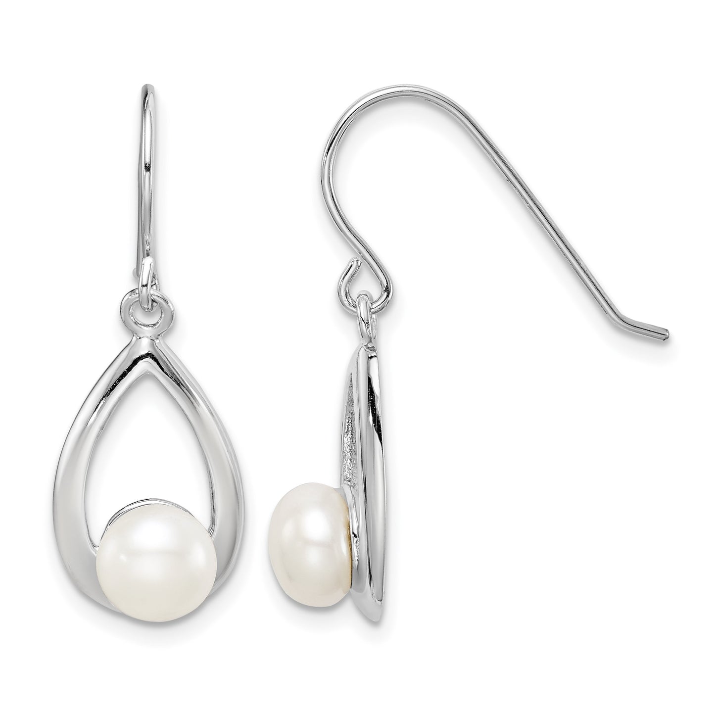 Sterling Silver Rhodium-plated 6-7mm White Freshwater Cultured Pearl Teardrop Dangle Earrings