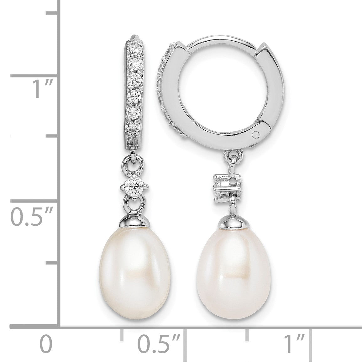 Sterling Silver Rhodium-plated 7-8mm White Freshwater Cultured Pearl and CZ Hoop Dangle Earrings