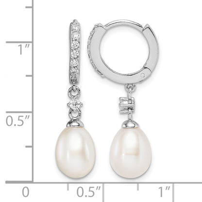 Sterling Silver Rhodium-plated 7-8mm White Freshwater Cultured Pearl and CZ Hoop Dangle Earrings