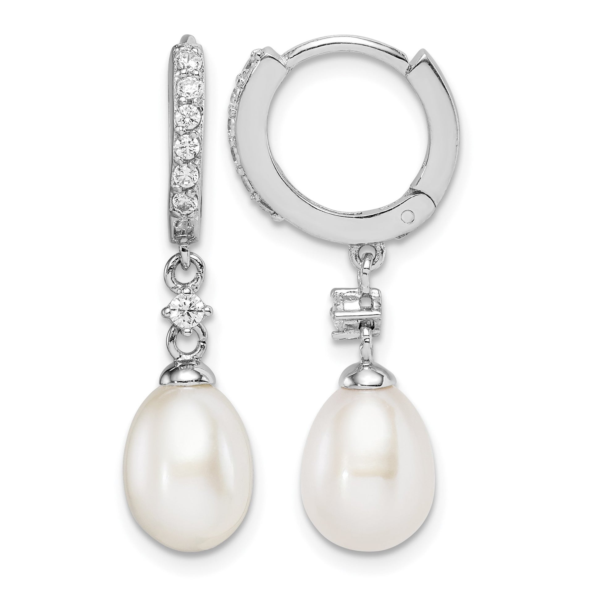 Sterling Silver Rhodium-plated 7-8mm White Freshwater Cultured Pearl and CZ Hoop Dangle Earrings