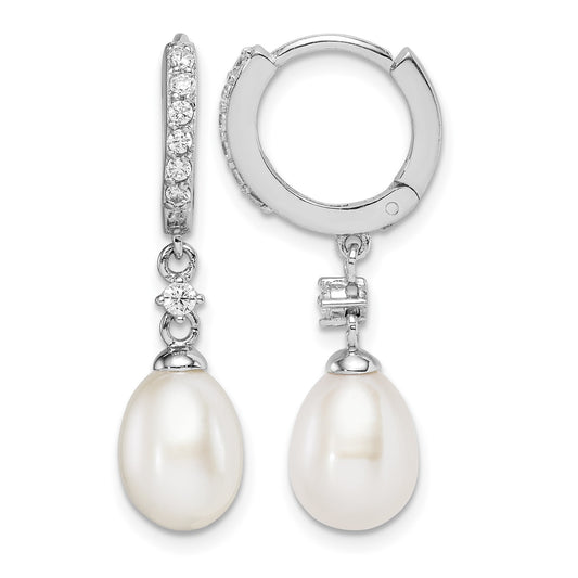 Sterling Silver Rhodium-plated 7-8mm White Freshwater Cultured Pearl and CZ Hoop Dangle Earrings