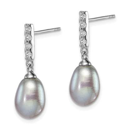 Sterling Silver Rhodium-plated 8-9mm Grey Teardrop Freshwater Cultured Pearl and CZ Post Dangle Earrings