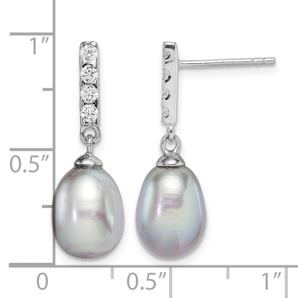 Sterling Silver Rhodium-plated 8-9mm Grey Teardrop Freshwater Cultured Pearl and CZ Post Dangle Earrings