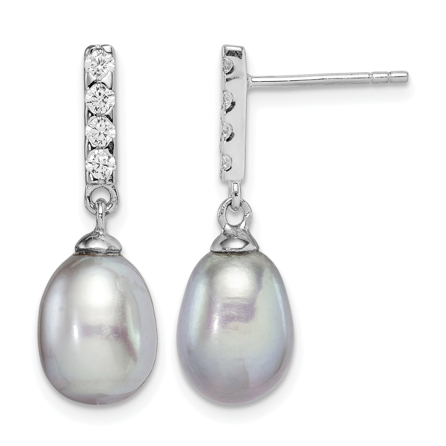 Sterling Silver Rhodium-plated 8-9mm Grey Teardrop Freshwater Cultured Pearl and CZ Post Dangle Earrings